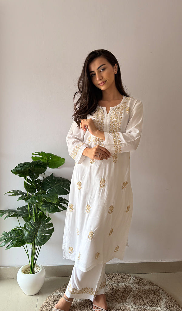 Women's Lakhnavi Handcrafted Modal Cotton Chikankari Kurti And Palazzo Set - HONC0378678