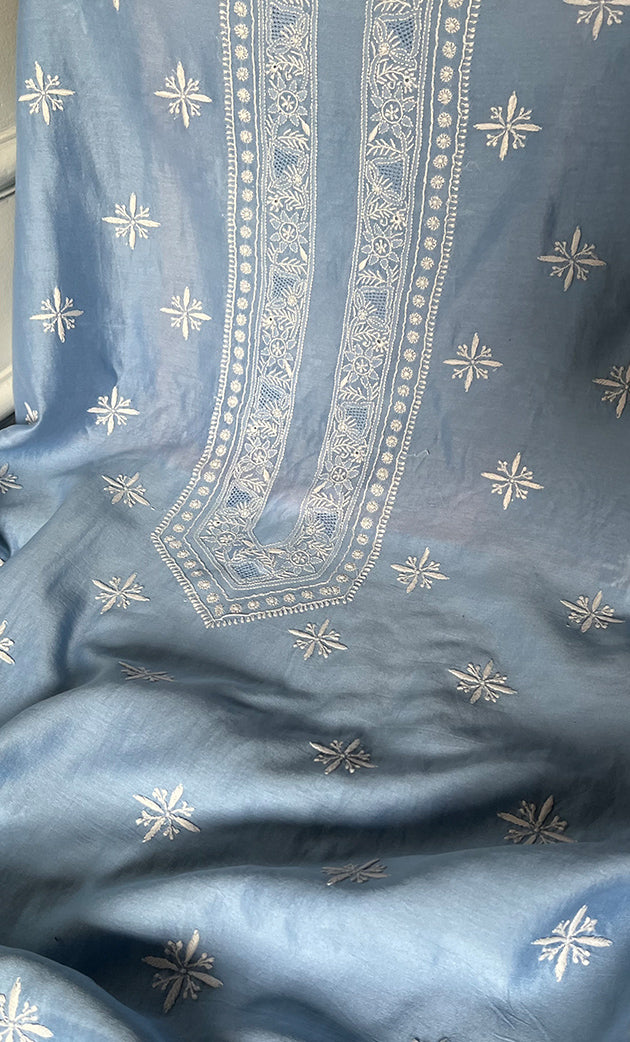 Lucknowi Handcrafted Chanderi Silk Chikankari Unstitched Unisex Kurta Fabric - HONC0327452