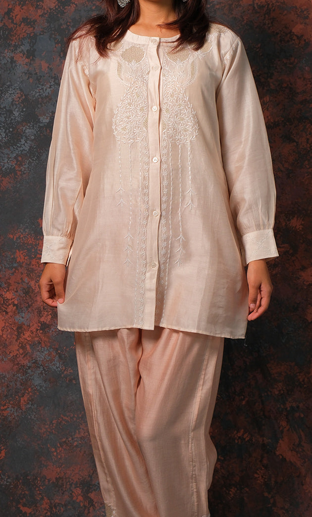 Women's Lakhnavi Handcrafted Chanderi Silk Chikankari Top And Pant Set - HONC0310746