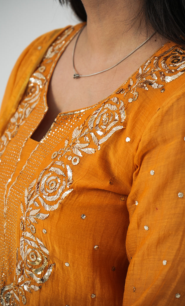 Shanaya Women's Lakhnavi Handcrafted Mul Chanderi Chikankari Stitched Kurta, Dupatta And Pant Set - HONC0322418