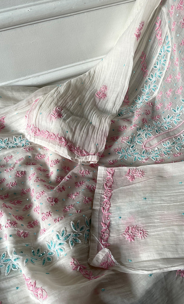 Saziya Women's Lakhnavi Handcrafted Mul Chanderi Semi - Stitched Kurta And Dupatta Set - HONC0311488