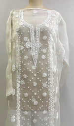 Load image into Gallery viewer, Lucknowi Handcrafted Pure Organza Silk Chikankari Semi-Stitched Kurti Fabric - HONC0215646

