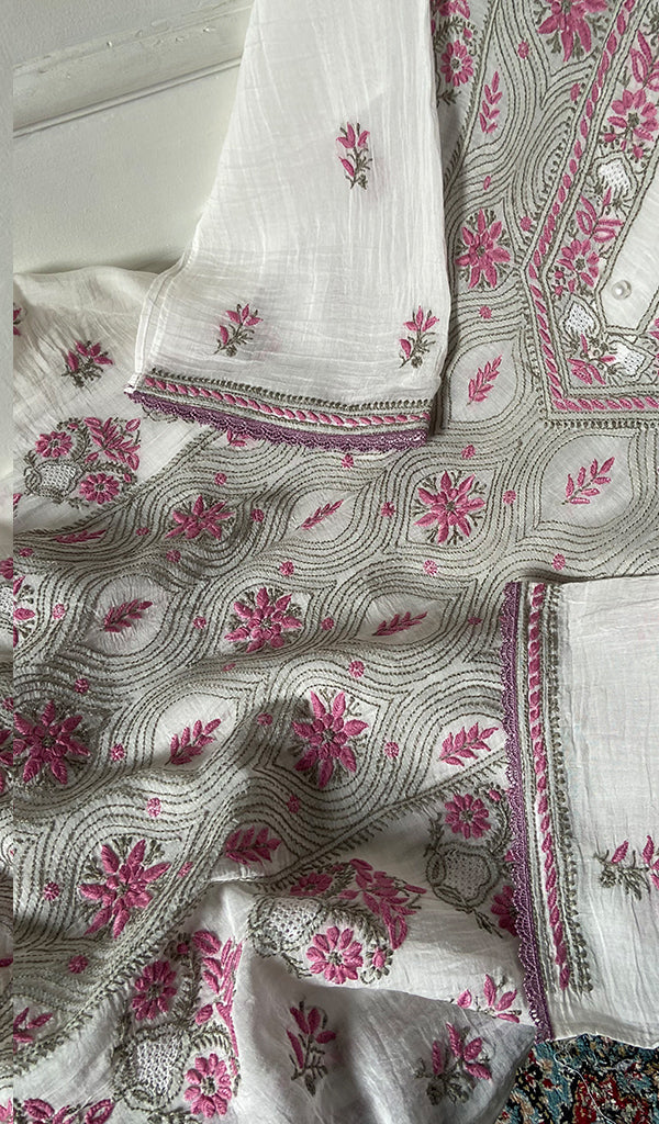 ‹› Women's Lakhnavi Handcrafted Mul Chanderi Semi - Stitched Kurta And Dupatta Set - HONC0365520