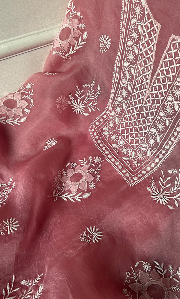 Women's Lakhnavi Handcrafted Pure Organza Chikankari Unstitched Kurta And Dupatta Set- HONC0319190