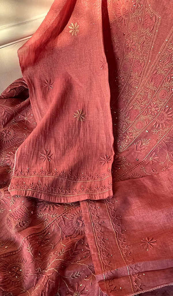 Women's Lakhnavi Handcrafted Tissue Chanderi Semi - Stitched Kurta And Dupatta Set - HONC0253181