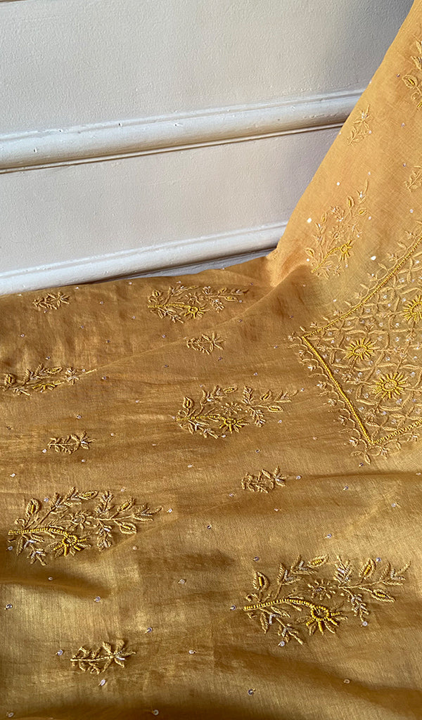 Women's Lakhnavi Handcrafted Mul Chanderi Unstitched Chikankari Full Suit Material - HONC0328107