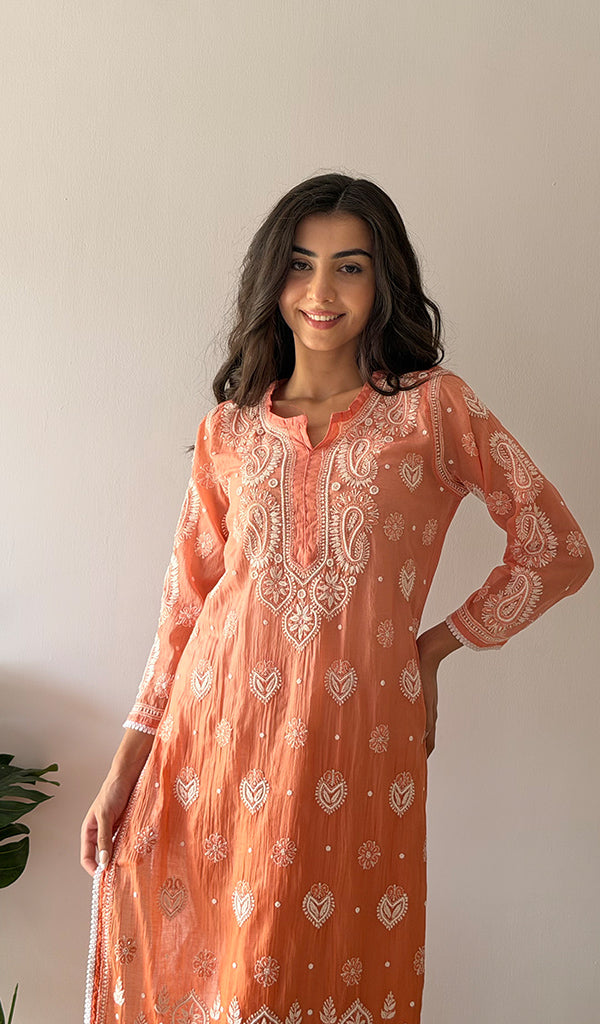Women's Lucknowi Handcrafted Mul Chanderi Stitched Chikankari Kurta And Plazzo Set- HONC0379063