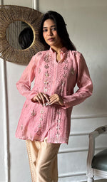 Load image into Gallery viewer, Emma Women's Lucknowi Handcrafted Mul Chanderi Stitched Chikankari Kurta And Pant Set- HONC0338384