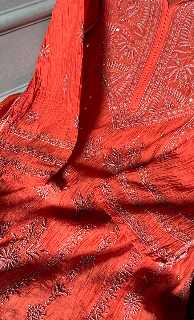 Women's Lakhnavi Handcrafted Mul Chanderi Semi - Stitched Anarkali And Dupatta Set - HONC0282402