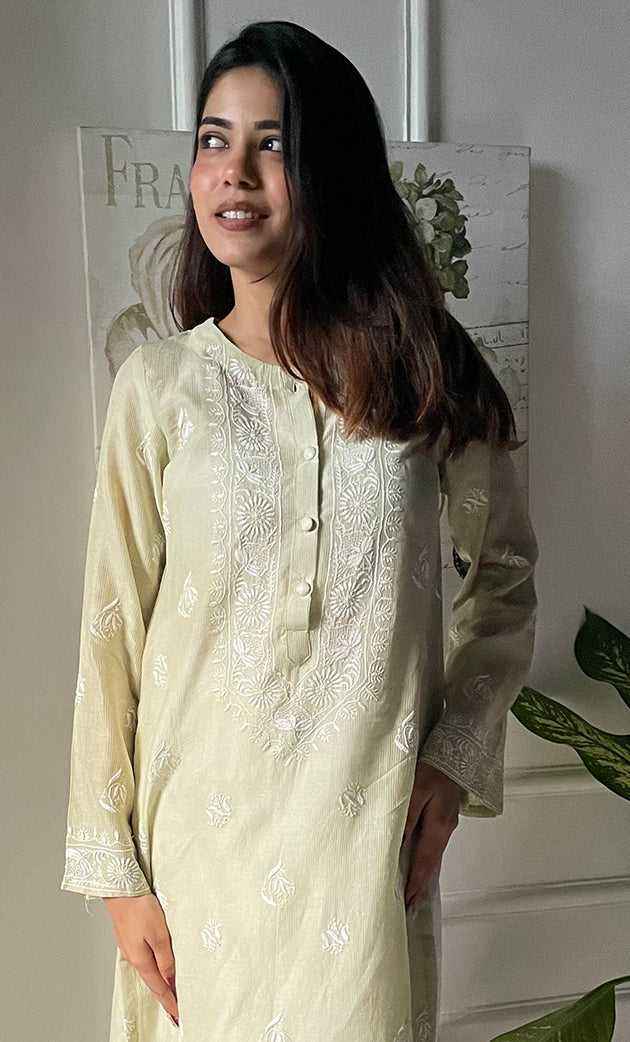 Amayra Women's Lucknowi Handcrafted Maheshwari Mul Chanderi Chikankari Kurti - HONC0300060