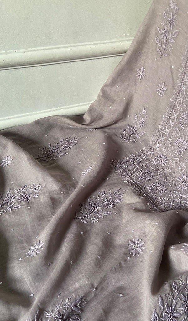 Women's Lakhnavi Handcrafted Mul Chanderi Unstitched Chikankari Full Suit Material - HONC0328104
