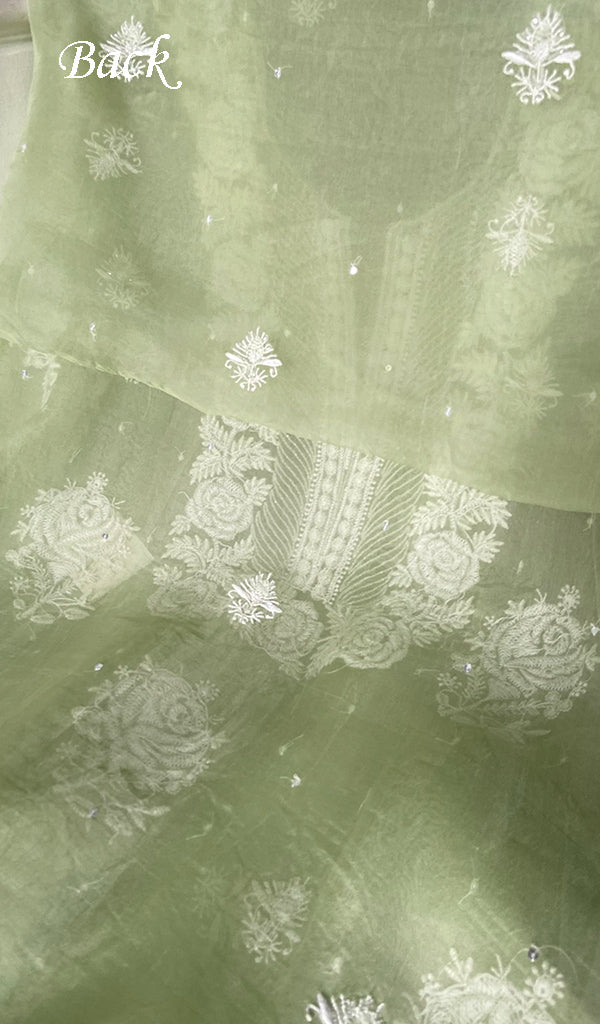 Women's Lakhnavi Handcrafted Pure Organza Chikankari Unstitched Kurta And Dupatta Set- HONC0352106