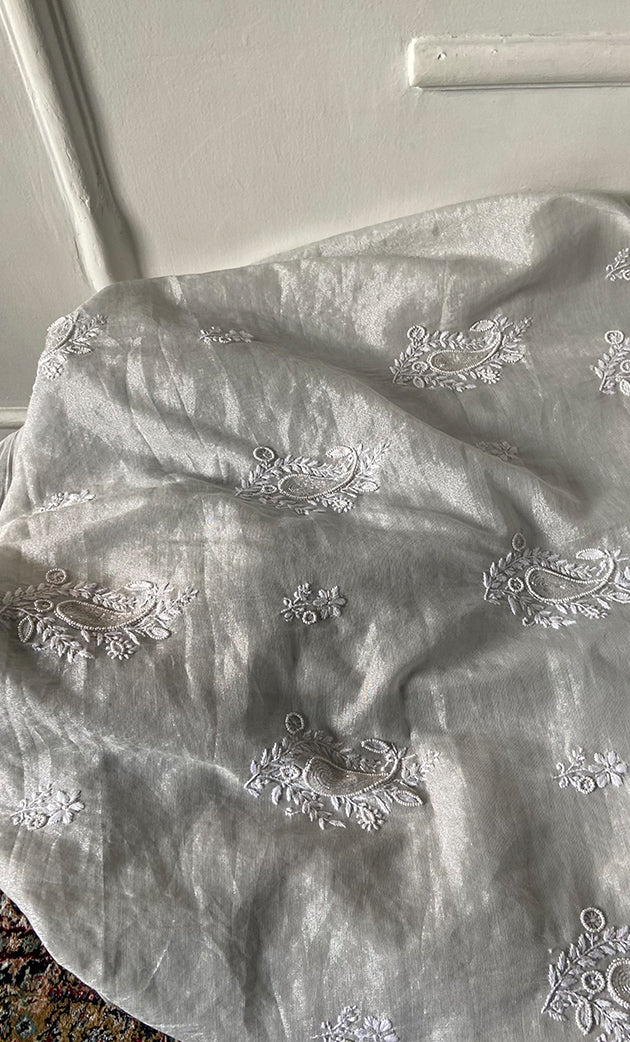 Women's Lakhnavi Handcrafted Tissue Chanderi Unstitched Chikankari Kurta And Dupatta Set - HONC0332080
