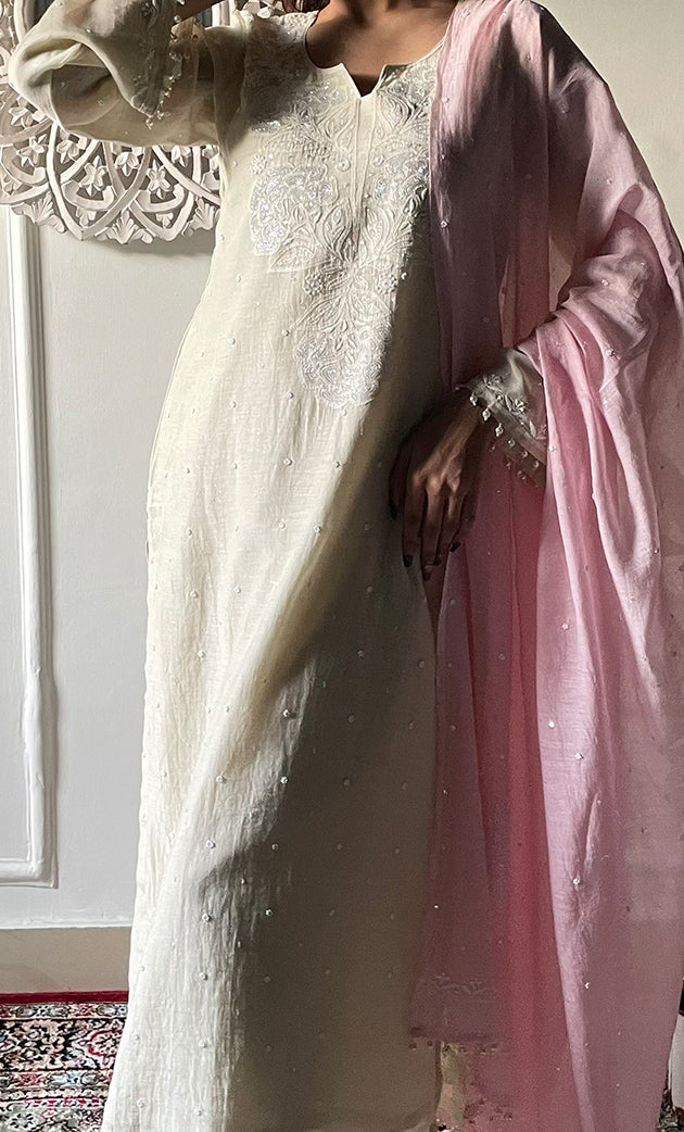 Women's Lakhnavi Handcrafted Mul Chanderi Chikankari Stitched Kurta, Dupatta And Pant Set - HONC0324259