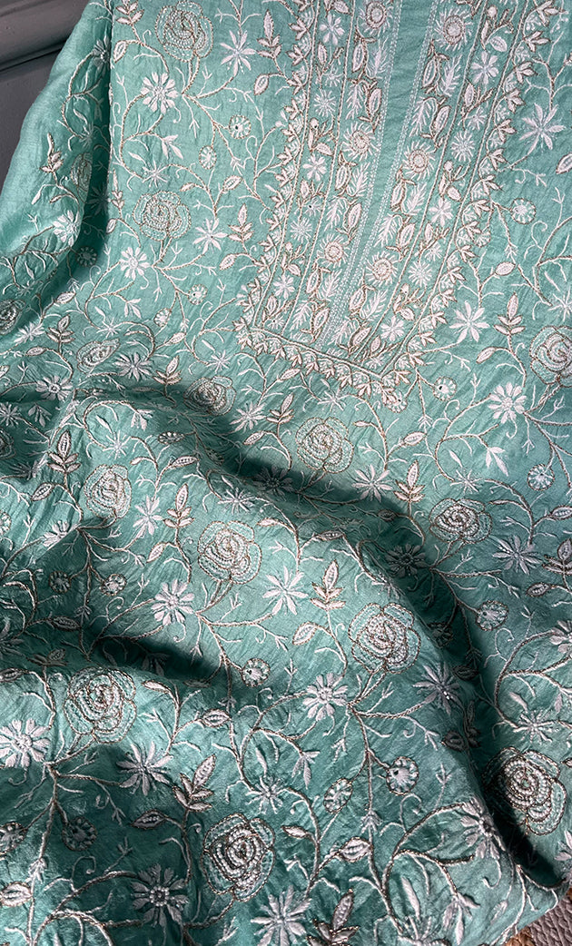 Women's Lakhnavi Handcrafted Munga Silk Chikankari Kurta And Dupatta Set- HONC0282384