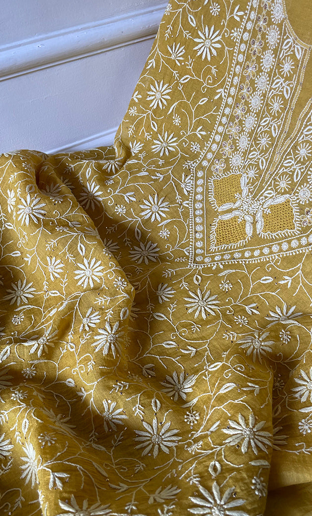 Women's Lakhnavi Handcrafted Tissue Chanderi Unstitched Chikankari Kurta And Dupatta Set - HONC0270060