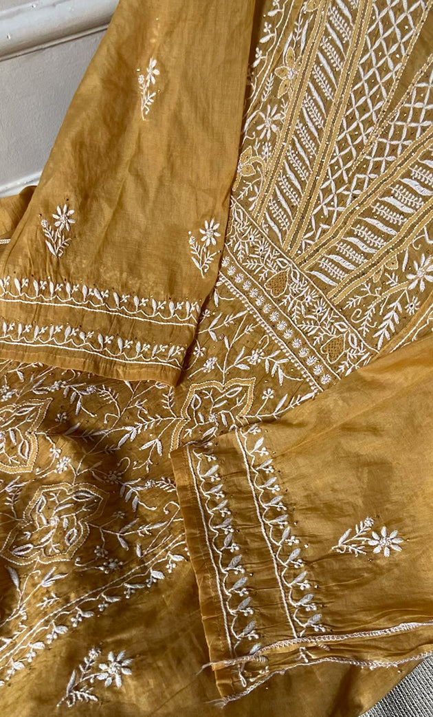 Women's Lakhnavi Handcrafted Mul Chanderi Semi - stitched Kurta And Dupatta Set- HONC0284742