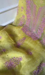 将图像加载到图库查看器中， Gulaab Women's Lakhnavi Handcrafted Pure Organza Chikankari Unstitched Kurta And Dupatta Set- HONC0311853