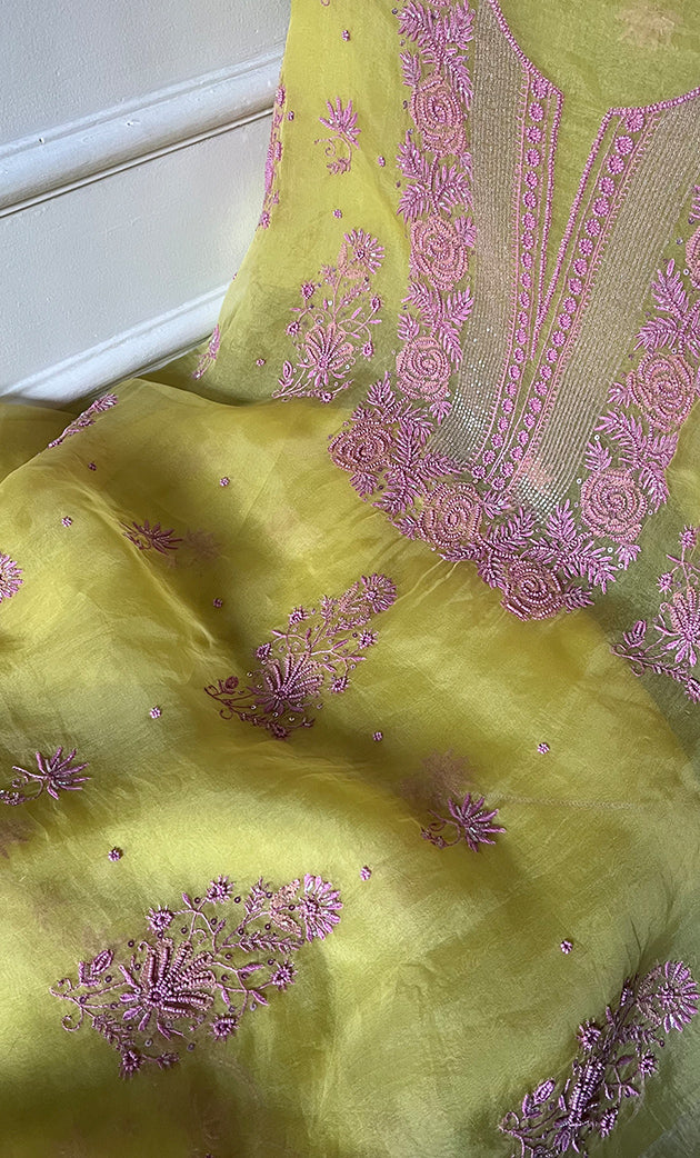 Gulaab Women's Lakhnavi Handcrafted Pure Organza Chikankari Unstitched Kurta And Dupatta Set- HONC0311853