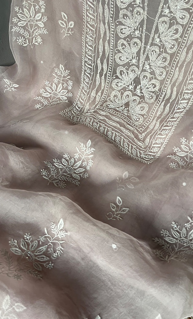 Women's Lakhnavi Handcrafted Pure Organza Chikankari Unstitched Kurta And Dupatta Set- HONC0304478