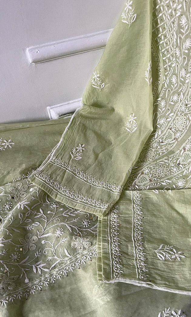 Women's Lakhnavi Handcrafted Mul Chanderi Semi - Stitched Kurta And Dupatta Set- HONC0282429