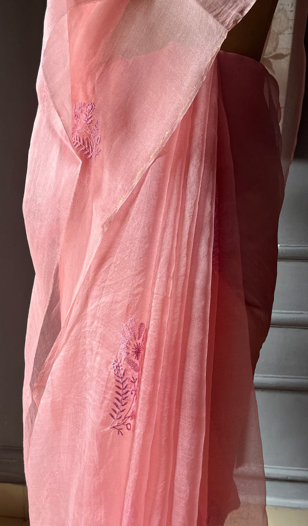 Women's Lucknowi Handcrafted Pure Organza Silk Chikankari Saree - HONC0268556