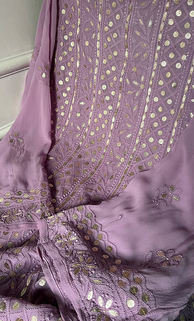 Women's Lakhnavi Handcrafted Viscose Georgette Semi - Stitched Chikankari Anarkali  3pc Set - HONC0321813