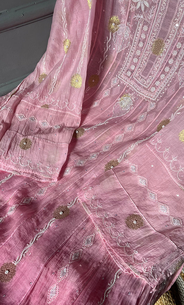 Izna Women's Lakhnavi Handcrafted Mul Chanderi Semi - Stitched Anarkali And Dupatta Set - HONC0302882