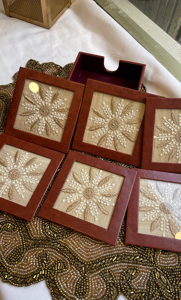 Handcrafted Chikankari Tea Coaster Set with Wooden Holder – Set of 6 - HONC0310084