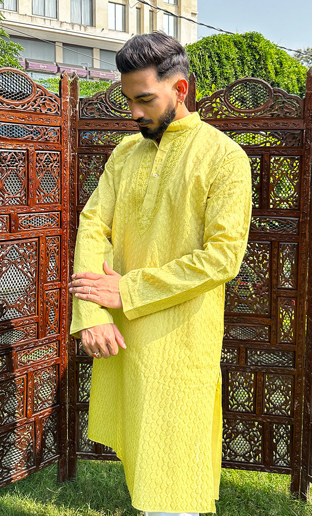 Men's Lucknowi Handcrafted Cotton Chikankari Kurta - HONC02606620
