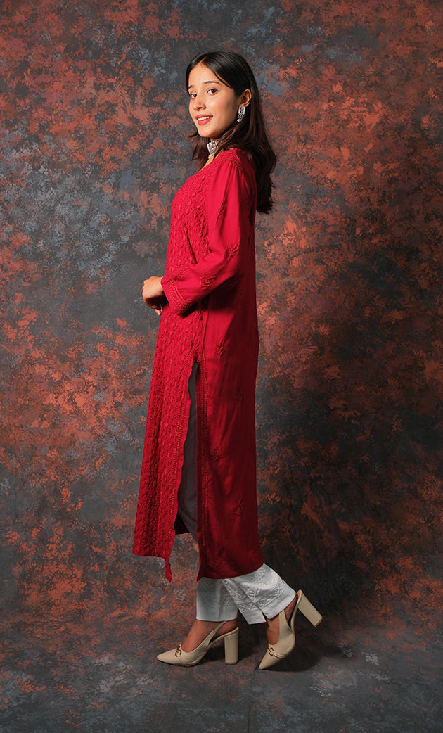 Women's Lucknowi Handcrafted Modal Cotton Chikankari Kurti - HONC0327126