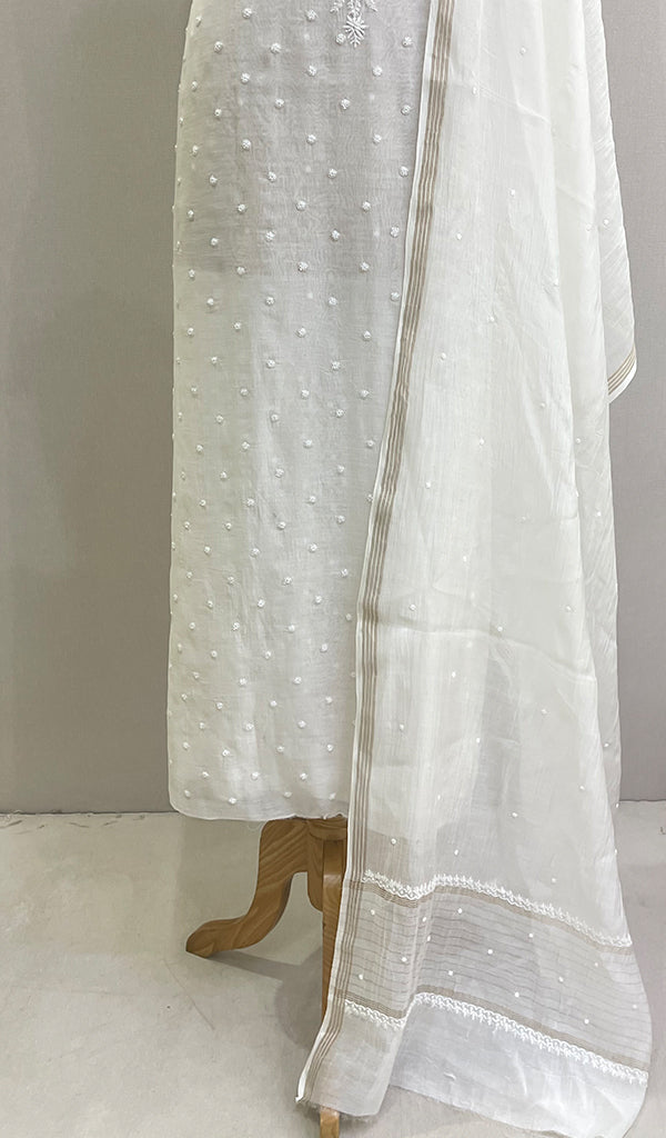 Women's Lakhnavi Handcrafted Mul Chanderi Chikankari Kurta Dupatta Set - HONC0218662