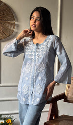 Load image into Gallery viewer, Vaanya Women's Lakhnavi Handcrafted Mul Chanderi Chikankari Top - HONC0334148