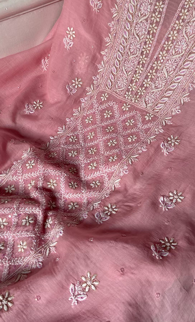 Women's Lakhnavi Handcrafted Mul Chanderi UnStitched Kurta And Dupatta Set - HONC0318517
