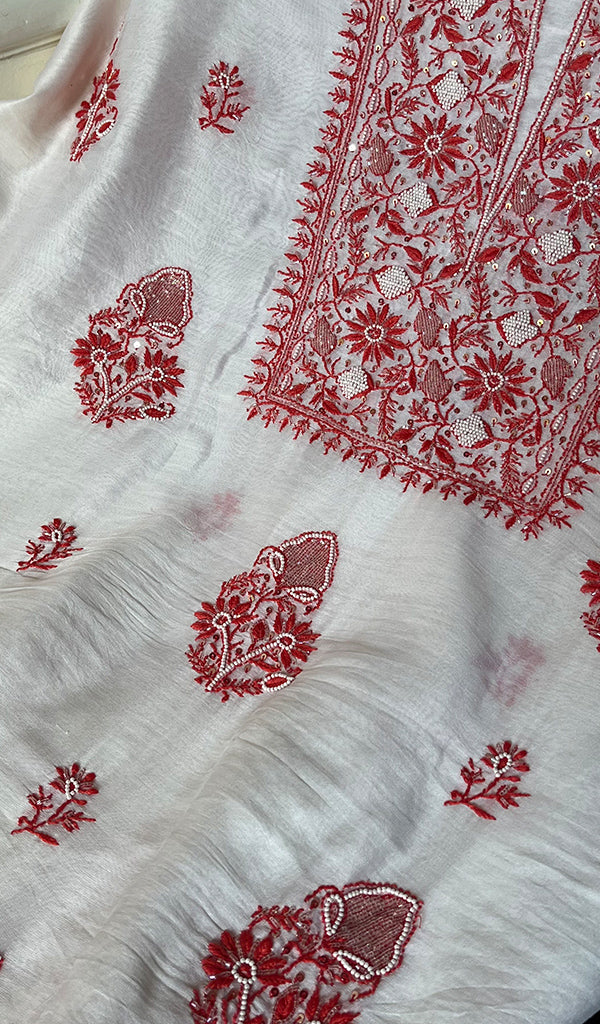 Women's Lakhnavi Handcrafted Mul Chanderi Unstitched Kurta And Dupatta Set - HONC0273255