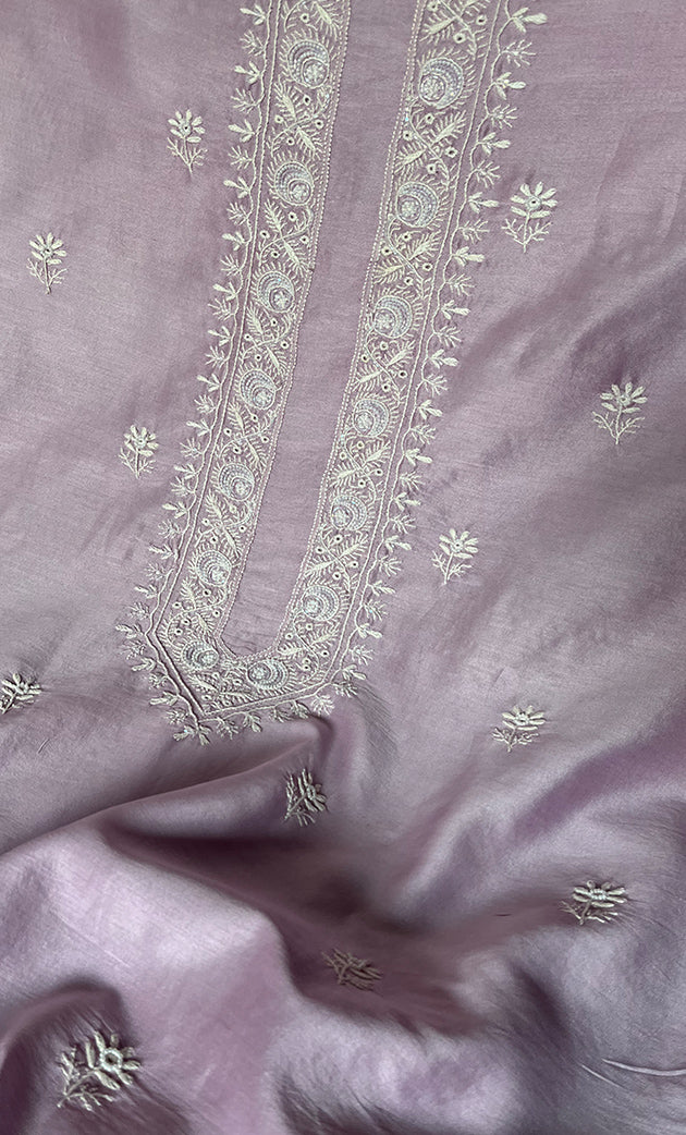 Lucknowi Handcrafted Chanderi Silk Unstitched Chikankari Unisex Kurta Fabric  -  HONC0330186