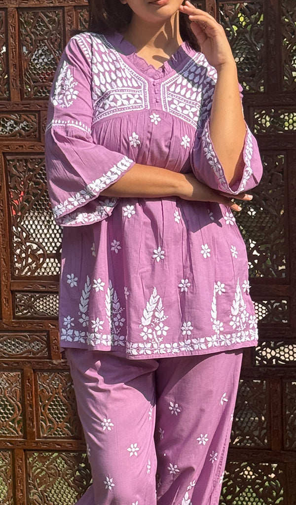 Women's Lakhnavi Handcrafted Cotton Chikankari Kurta And Afghani pant Set - HONC0268706