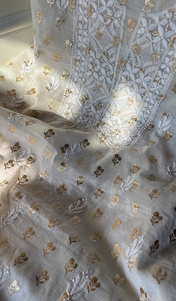 Women's Lucknowi Handcrafted Chanderi Silk Chikankari Kurta Dupatta Set - HONC0295425
