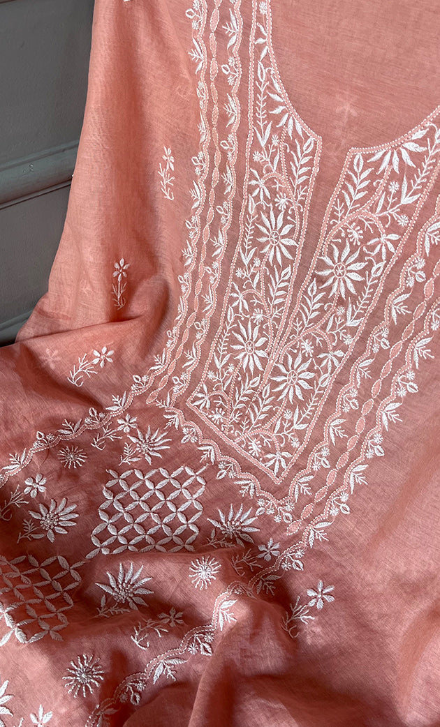 Women's Lakhnavi Handcrafted Mul Chanderi Chikankari Full Suit Material - HONC0307424