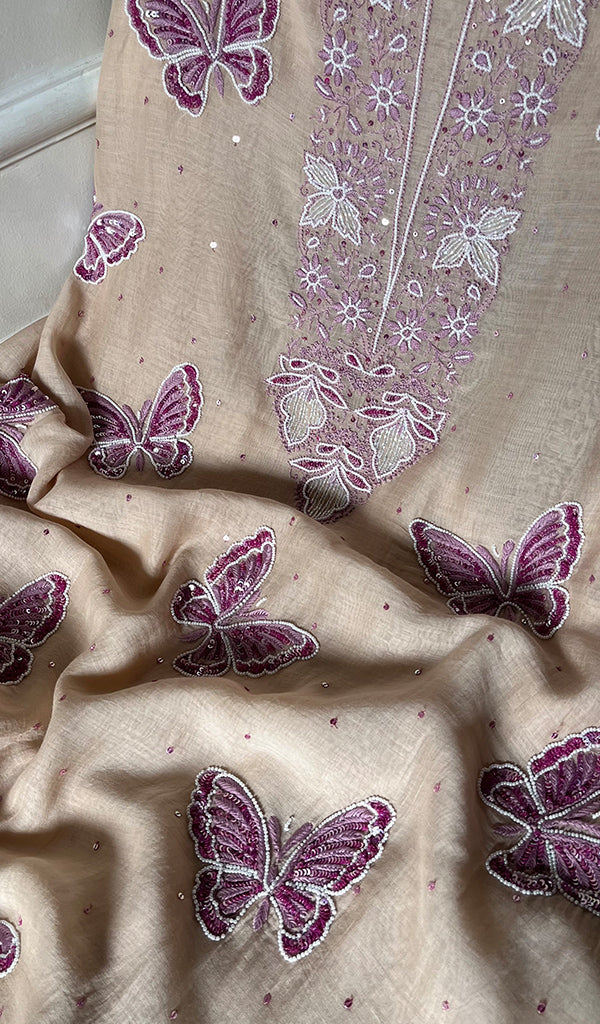 Women's Lakhnavi Handcrafted Mul Chanderi Unstitched Kurta And Dupatta Set - HONC0295615