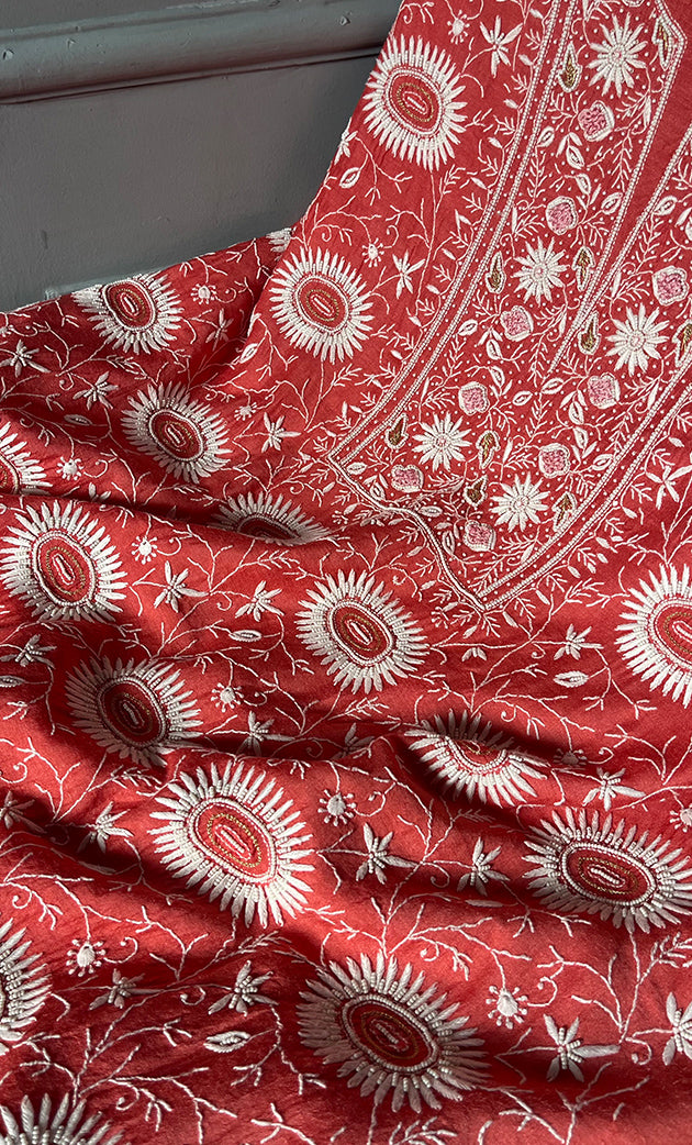 Women's Lakhnavi Handcrafted Munga Silk Chikankari Kurta And Dupatta Set- HONC0281962