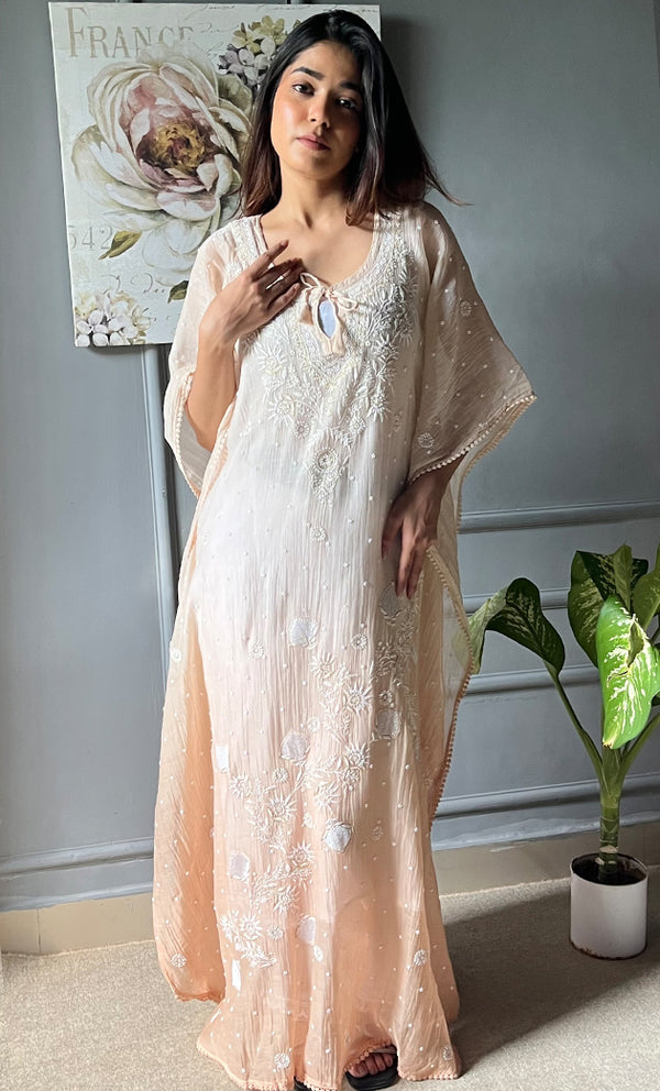 Rabia Women's Lucknowi Handcrafted Mul chanderi Chikankari Kaftan - HONC0311973