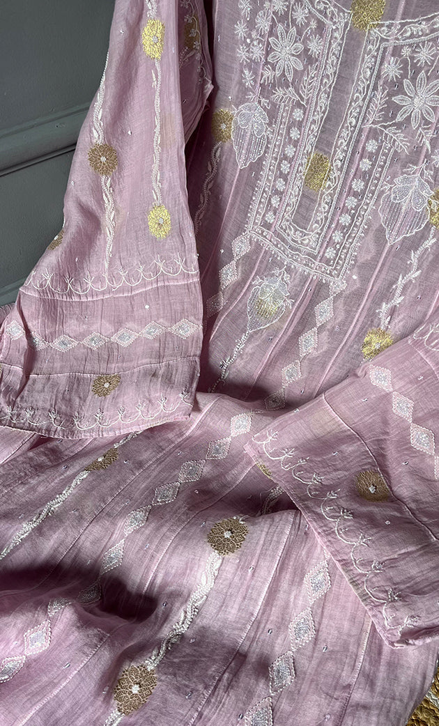 Izna Women's Lakhnavi Handcrafted Mul Chanderi Semi - Stitched Anarkali And Dupatta Set - HONC0302870