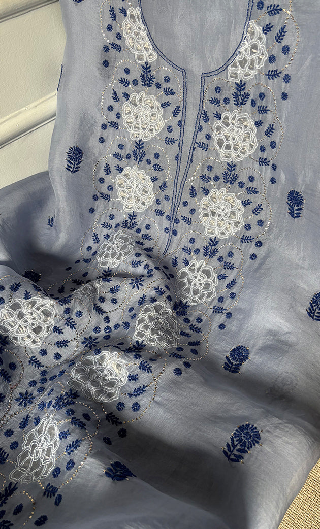 Women's Lakhnavi Handcrafted Pure Organza Chikankari Unstitched Kurta And Dupatta Set- HONC0320493