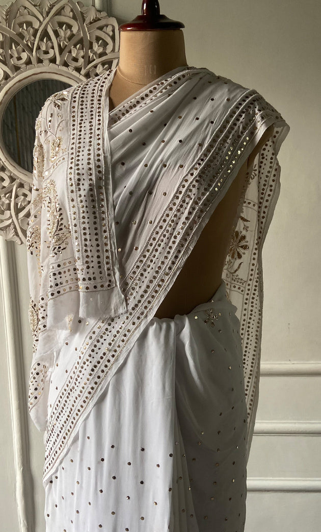 Women's Lakhnavi Handcrafted Viscose Georgette Chikankari Saree - HONC0328912