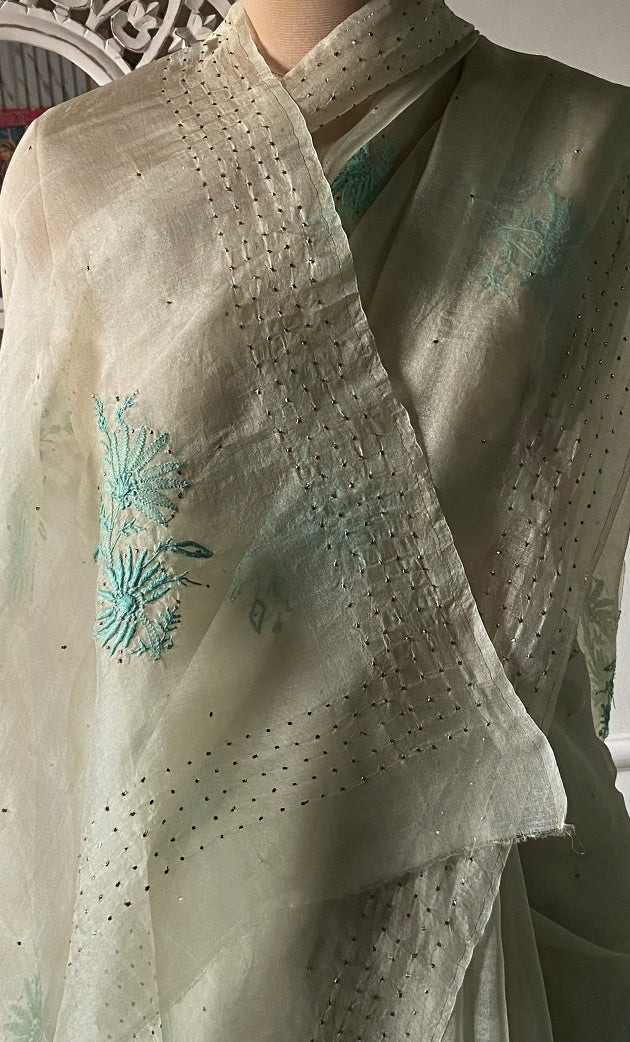 Women's Lucknowi Handcrafted Pure Organza Silk Chikankari Saree - HONC0296104