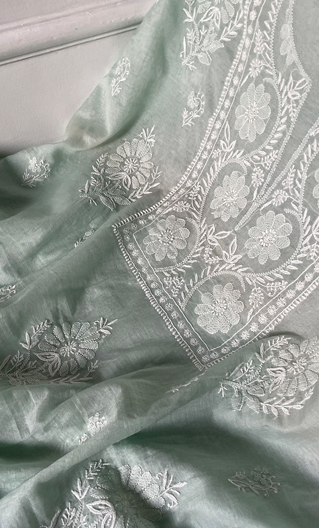 Women's Lakhnavi Handcrafted Mul Chanderi Unstitched Chikankari Full Suit Material - HONC0274498