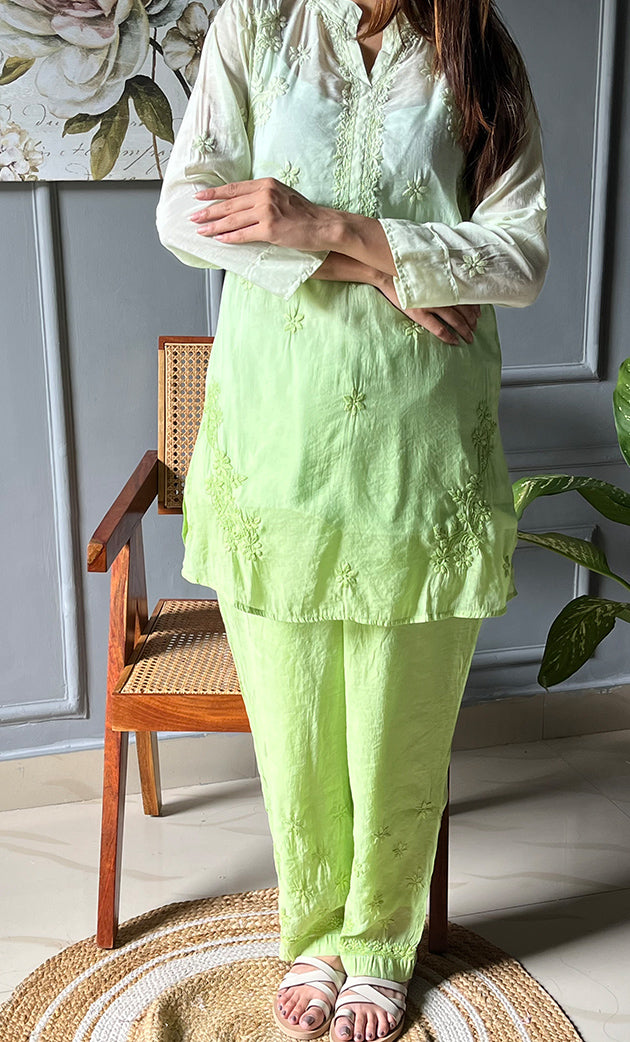 Women's Lakhnavi Handcrafted Muslin Chikankari Kurta And Pant Set - HONC0290984