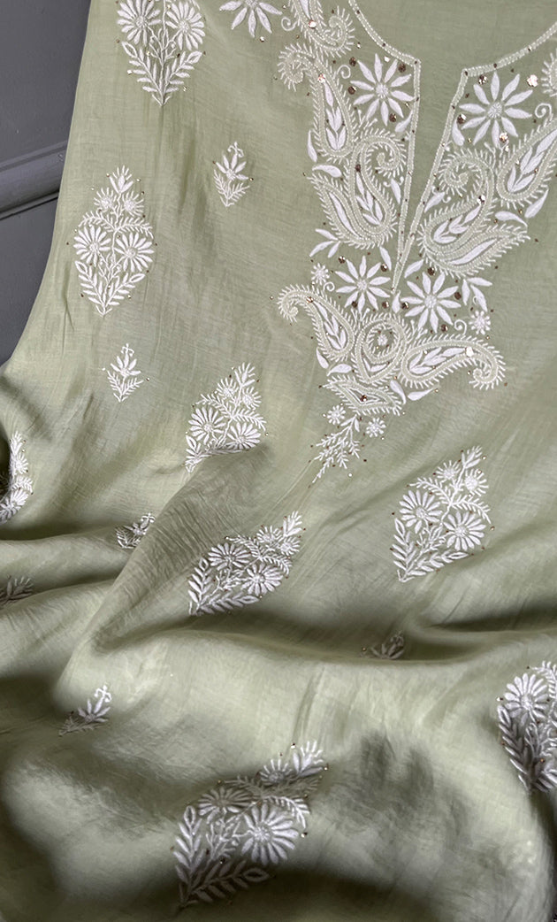 Women's Lakhnavi Handcrafted Mul Chanderi Unstitched Kurta And Dupatta Set - HONC0284727