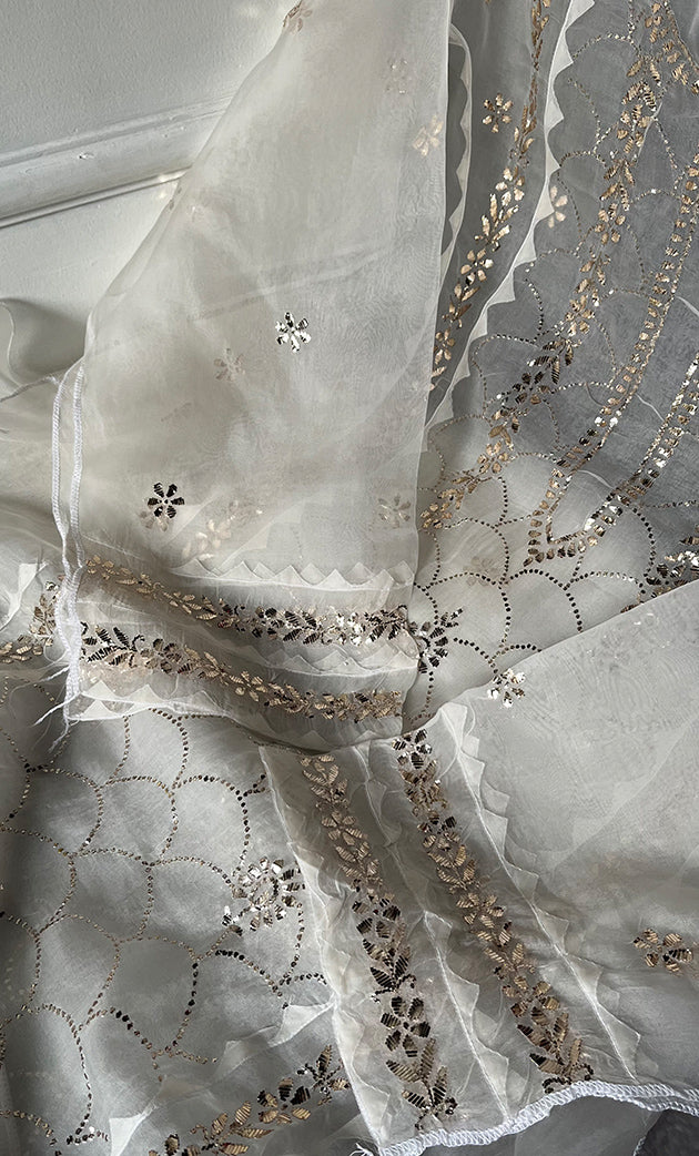 Women's Lakhnavi Handcrafted Pure Organza Chikankari Semi - stitched Kurta And Dupatta Set- HONC0331141